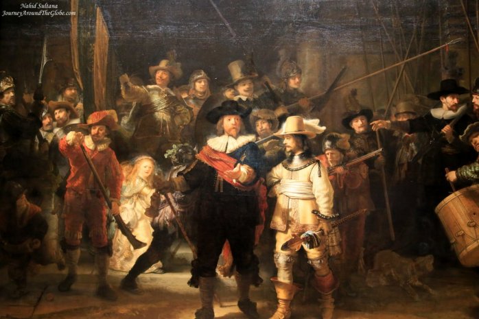 Dutch painter Rembrandt's masterpiece "Night Watch" inside Rijksmuseum in Amsterdam, The Netherlands