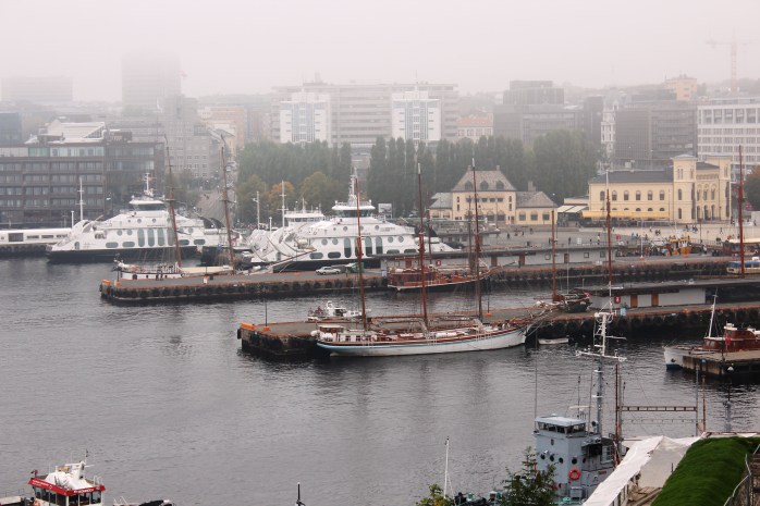 View of Oslofjord at Akerbrygg from Akerhus Castle and Fortress