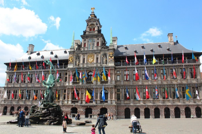 Antwerp old City Hall with the statue of Brabo in the front in Belgium
