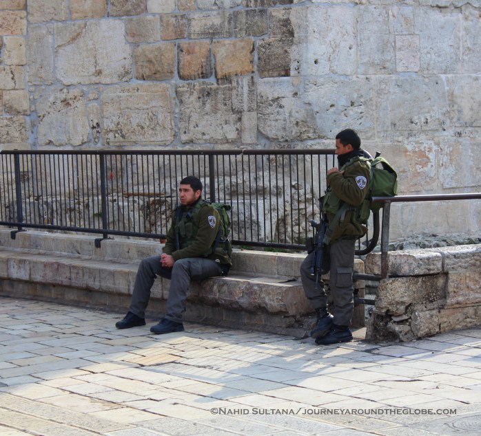 2 Israeli polices guarding in front of Damascus Gate in Old Jerusalem