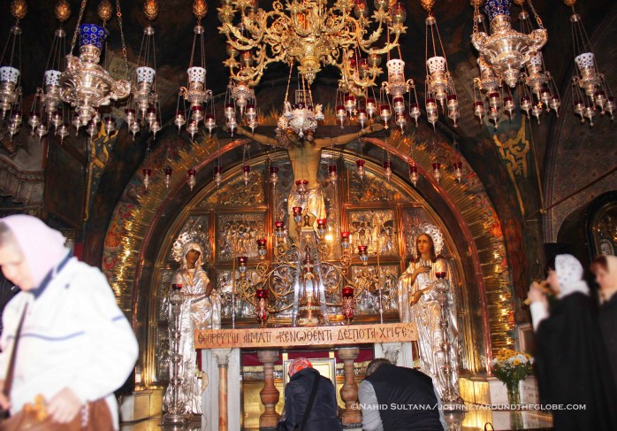 12th Station of Via Dolorosa. It is here where the crosses of Jesus and the two thieves were erected. Now is the Greek altar inside Holy Sepulcher, Old Jerusalem