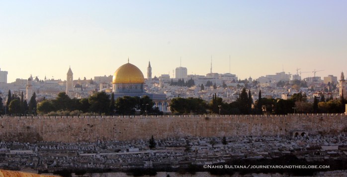 View of Old Jerusalem and the dazzling Dome of the Rock dfrom Mt. Olives