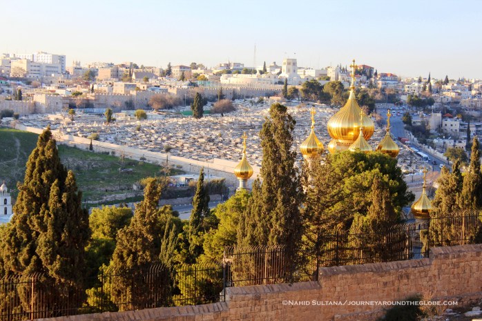 View of the shrines of Church of Mary Magdalene from Dominus Flevit, a place where Jesus wept over the fate of Jerusalem