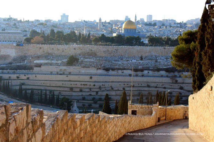 Steep path to climb Mt. Olives, when you turn around you get a view of Old City inside the wall and its dazzling dome from here