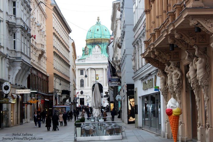 Innere Stadt or 1st District of Vienna, you can see the green dome of Hofburg Palace