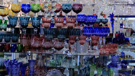 Bohemian glass and crystals in a souvenir shop in Prague, Czech Republic
