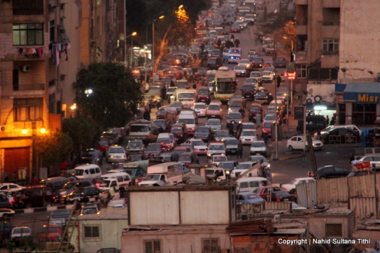 Streets and traffic jam of Cairo during rush hour, a view from Al-Azhar Park