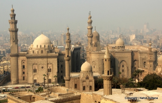 View of Rifaii Mosque, Sultan Hasan Mosque, and other parts of Islamic Cairo in Cairo, Egypt