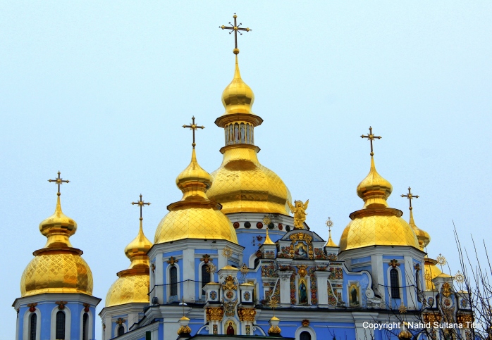 Golden domes and stipples of St. Michael Church in Kiev, Ukraine