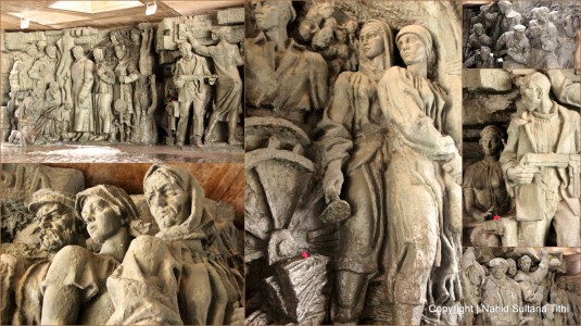 A collage of many statues near Motherland Statue in Kiev, Ukraine