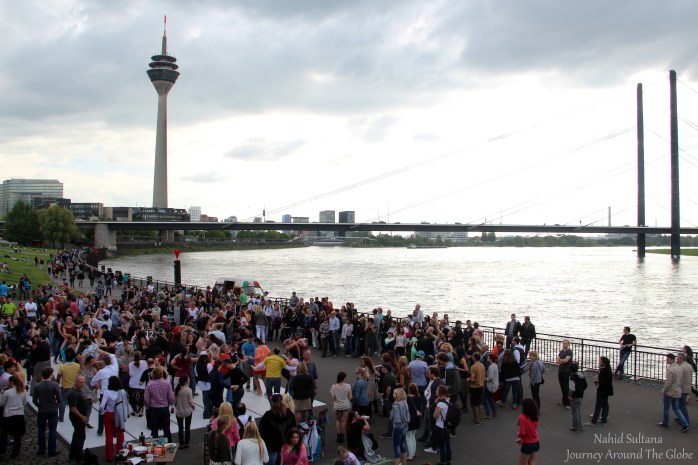 Rhine Tower and Promenade by River Rhine in Dusseldorf, Germany