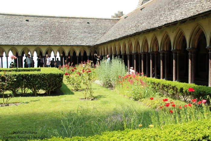 Cloister of the abbey in Mont St. Michel in Normandy, France
