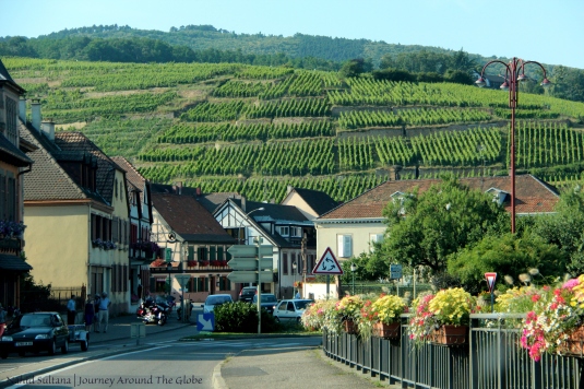 Driving on "Wine Route of Alsace" in Alsace, France