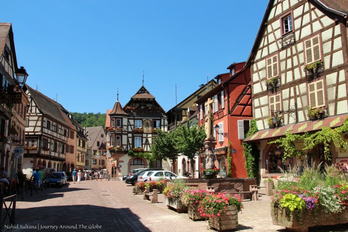 Main square of Kayserberg in front of Church of St. Criox in France