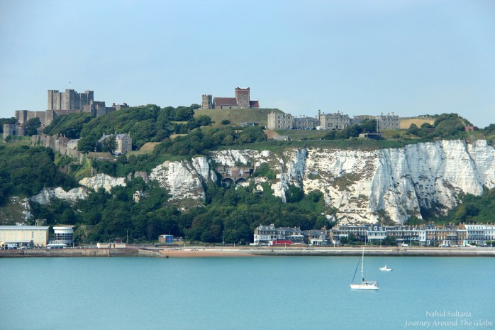 Reaching Dover Port, saw chalk white cliffs of Dover with Dover Castle in the backdrop in England