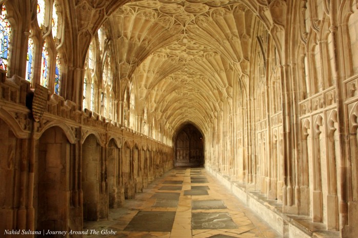 The hallway near the cloister where few scenes of Harry Potter were shot inside Gloucester Cathedral in England