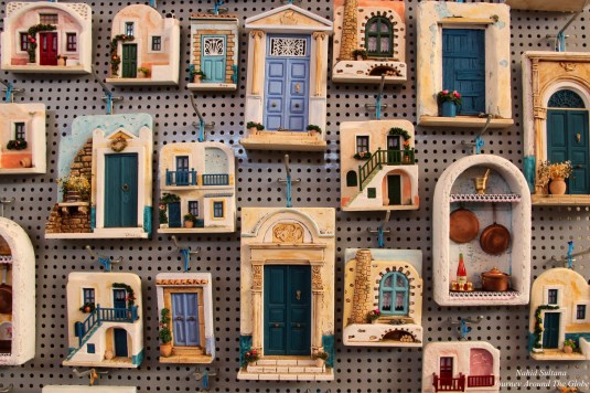 Beautiful Santorini doors in a souvenir shop in Fira