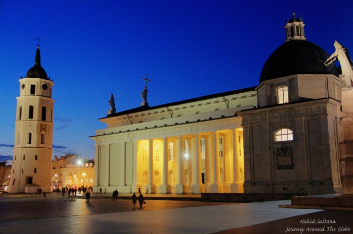 Vilnius Cathedral after dark, standing there since the 14th century, Vilnius, Lithuania