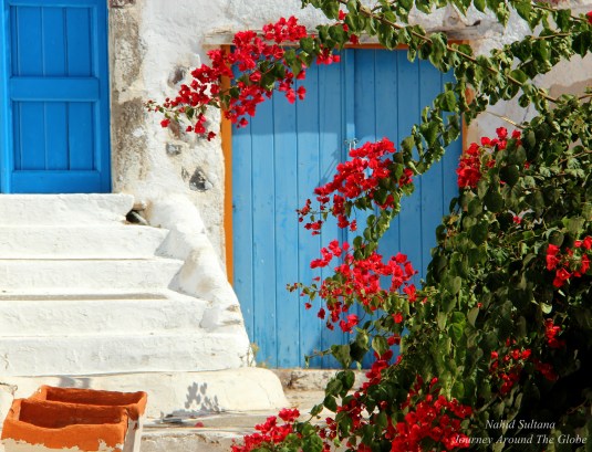 A typical blue-white house in Megalochori, Santorini