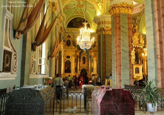 Some royal tombs of Russian emperors inside the cathedral of Peter and Paul Fortress in St. Peterburg
