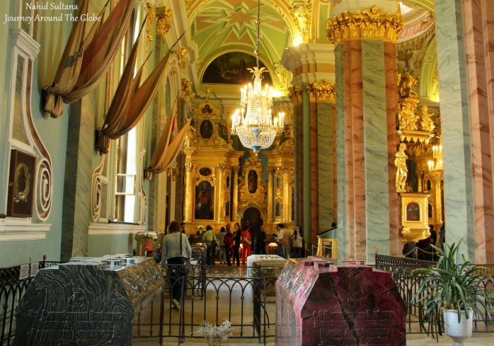 Some royal tombs of Russian emperors inside the cathedral of Peter and Paul Fortress in St. Peterburg