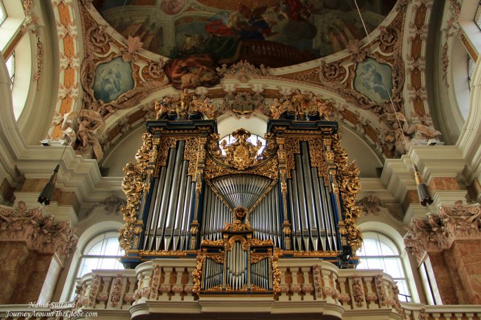Grand organ and beautiful ceiling of St. Jacob's Cathedral in Innsbruck, Austria