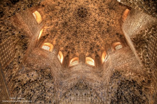 The ornate ceiling of "Hall of Two Sisters" in Nasrid Palace of Alhambra - Granada, Spain