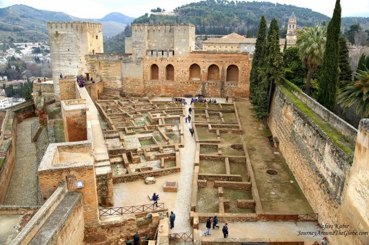 Looking over the ruins of Alcazaba, Alhambra from Torre de la Vela (Watchtower) in Granada, Spain