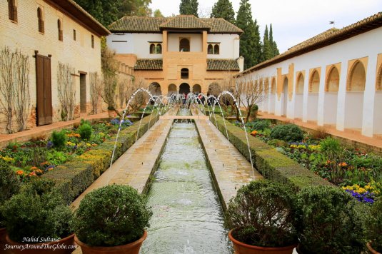 A peaceful garden in Generalife of Alhambra in Granada, Spain