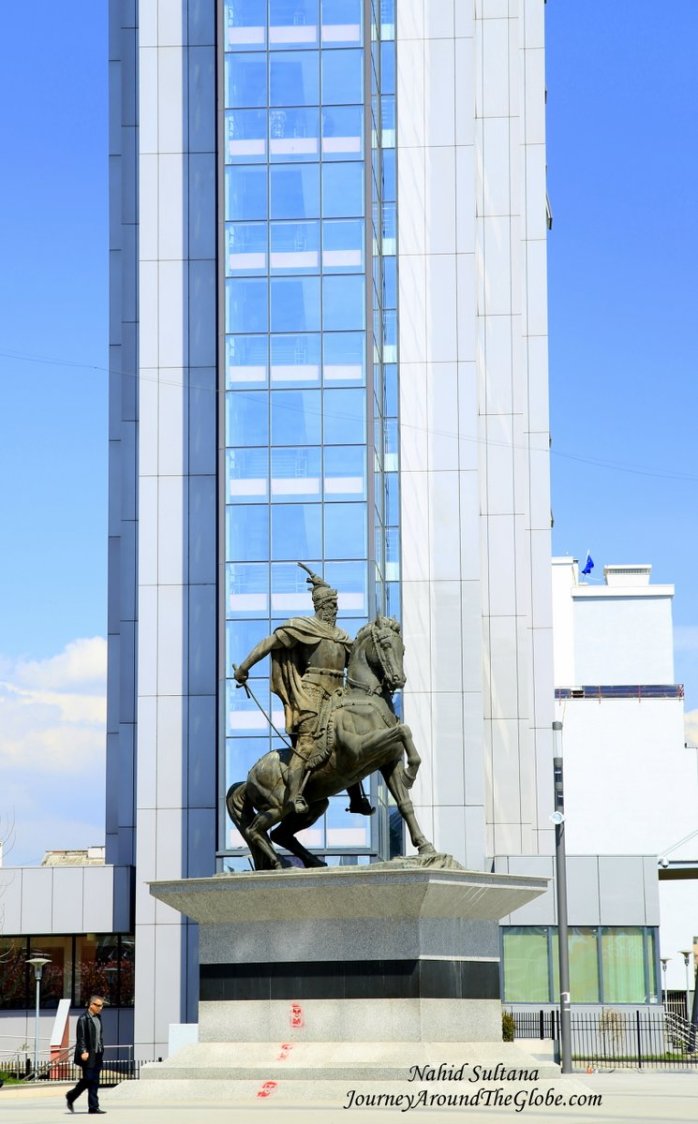 Iskander Beg on his horseback in Mother Teresa Street in Pristina, Kosovo