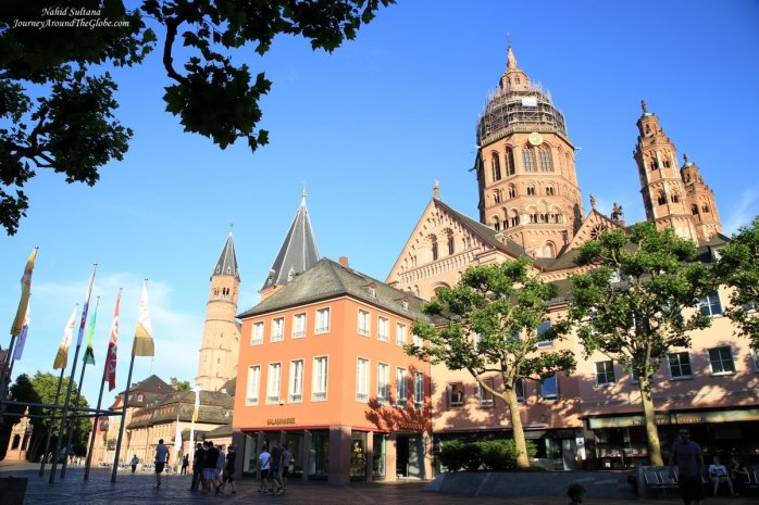 Mainz Cathedral looming over its Old Town in Mainz, Germany