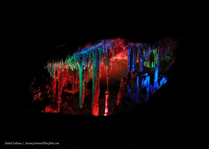 A beautiful display with colorful lights in Shenandoah Cavern in Virginia 