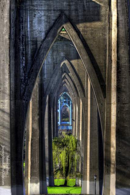 Looking thru St. John's Bridge's in Cathedral Park, Portland, Oregon