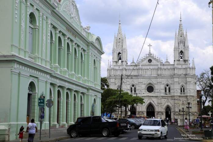 Cathedral Santa Ana and the theater (green building) in the town of Santa Ana, El Salvador
