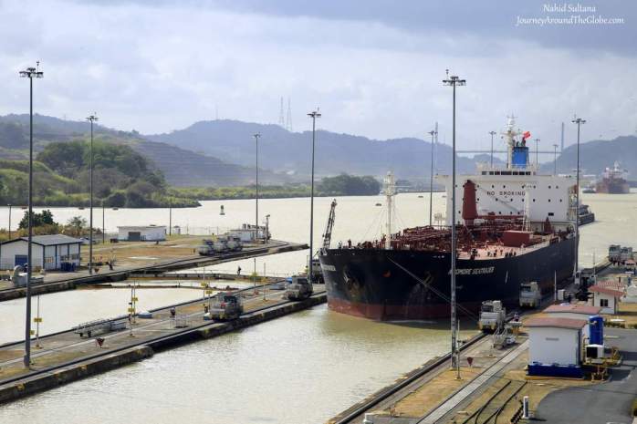 A vessel in transit in Miraflores Lock of Panama Canal