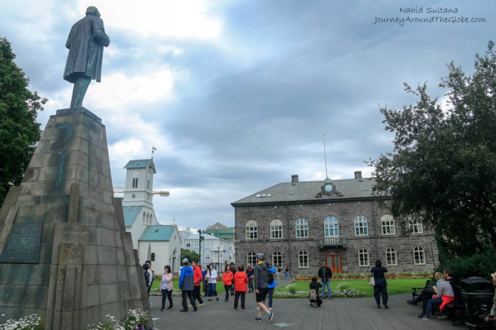 Austorvollur square and the Icelandic Parliament in Reykjavik, Iceland