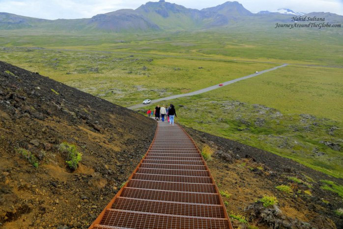 Going up the stairs to Saxholl Crater in Iceland